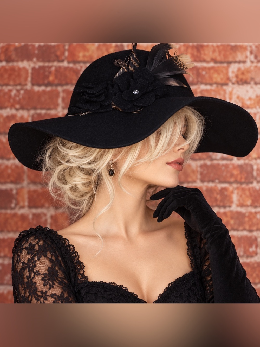 Black Wide-Brim Wool Felt Hat with Decorative Flower and Leopard Accent